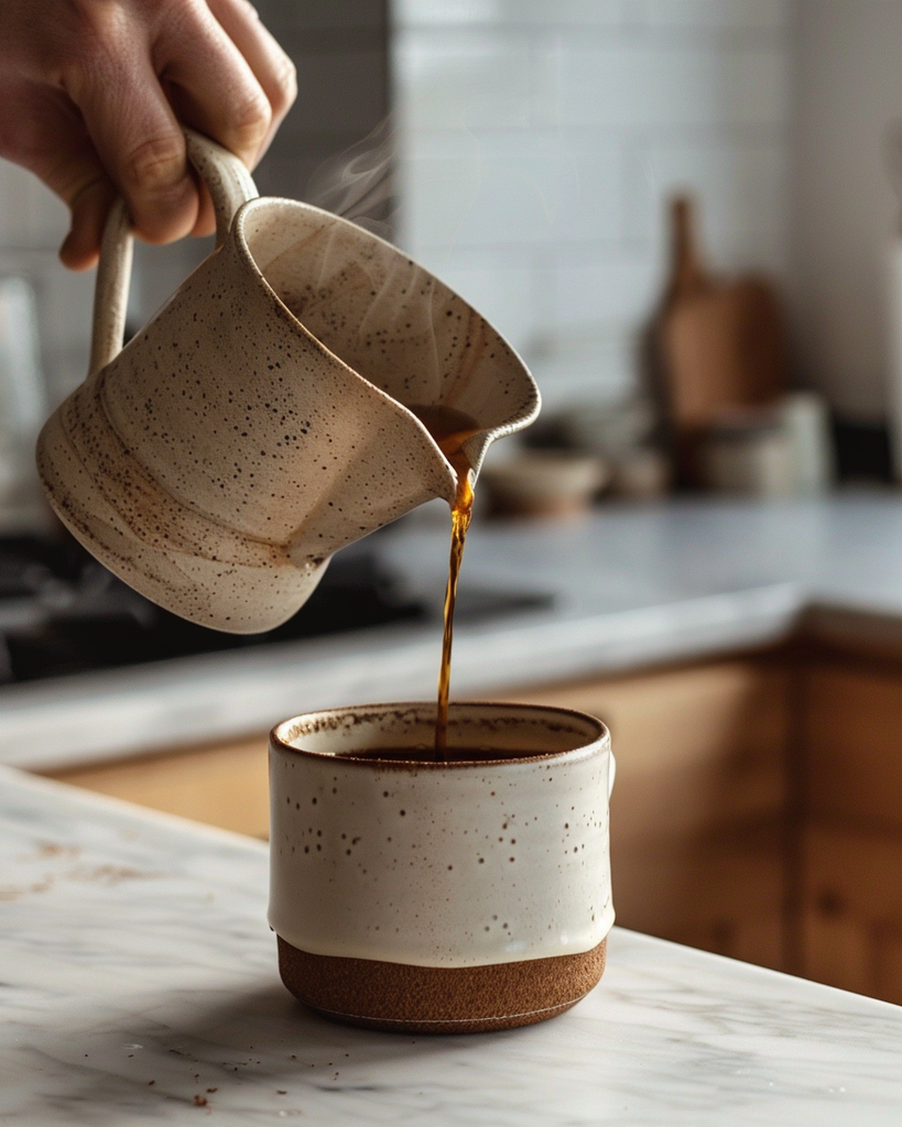 close-up of hands slowly pouring coffee from a pour-over ceramic dripper into a handmade mug, warm minimalist kitchen counter, natural stone and light oak surfaces, soft window light, steam visible, muted terracotta and cream tones, no clutter, quiet intentional moment, shallow depth of field
