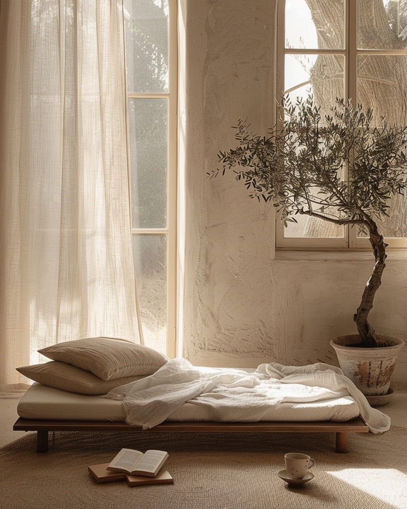 cozy warm minimalist reading nook by a large window, low linen daybed, sheer curtains diffusing soft daylight, an open book resting face-down, a small potted olive tree beside it, warm neutral tones, natural wood and woven textures, tranquil and unhurried mood