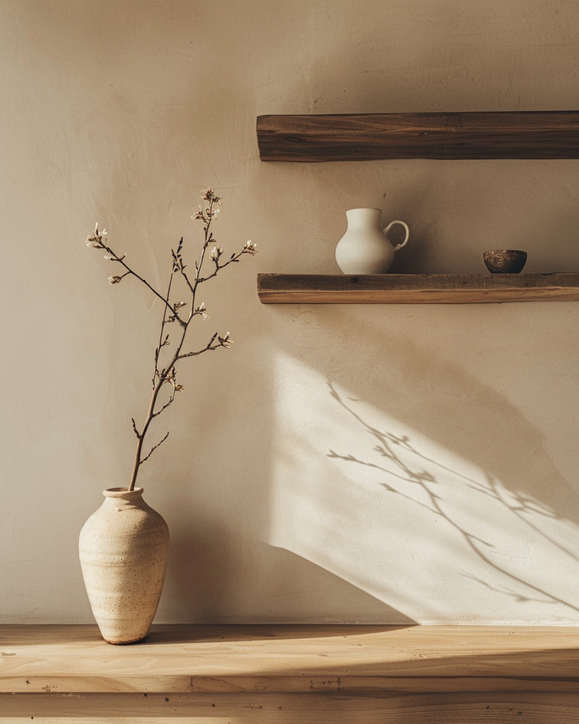 minimalist wooden shelving with only a few carefully chosen objects, a ceramic vase, a single dried branch, soft negative space between items, warm beige wall, gentle natural light casting long shadows, sense of calm and intentional simplicity