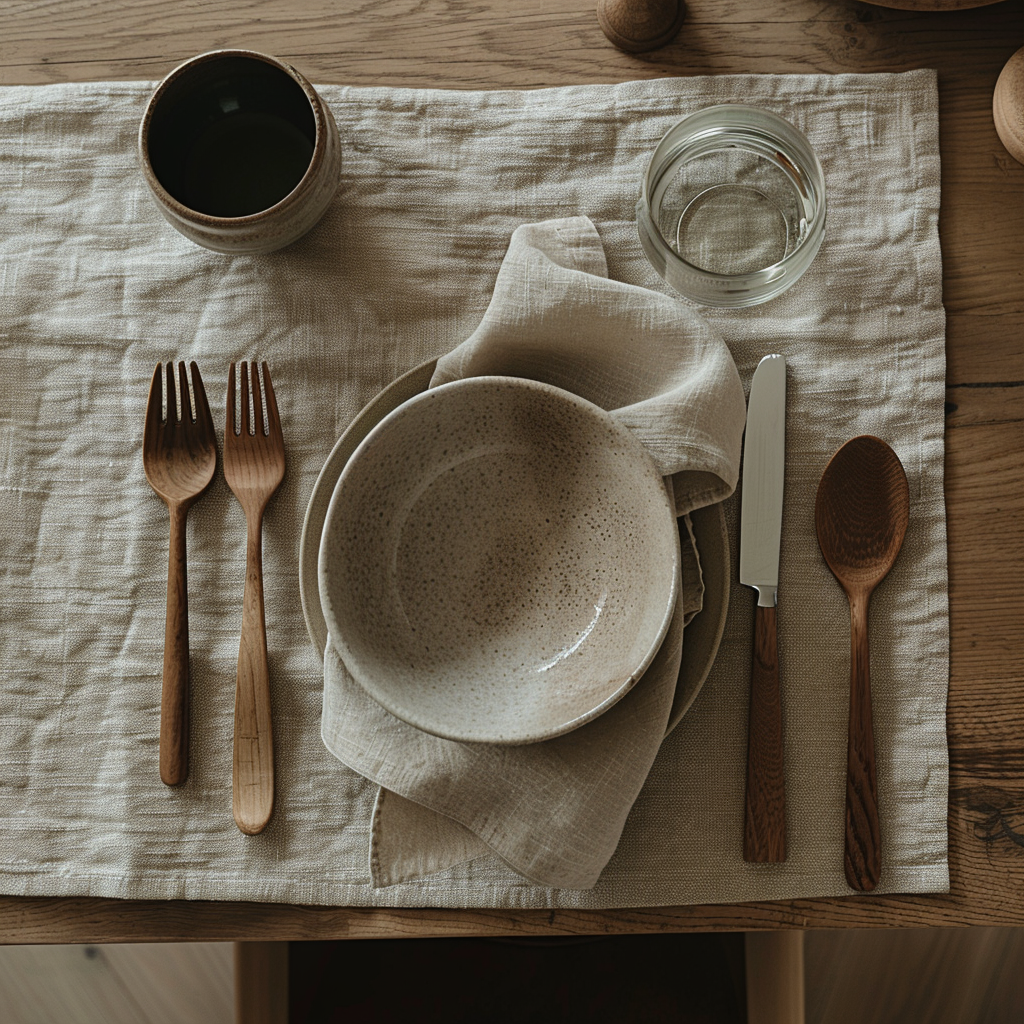 overhead shot of a simple warm minimalist dining table set for one, a single ceramic bowl, wooden utensils, a linen napkin, soft natural light, no phone or screen in frame, warm neutral tones, sense of quiet presence and intentional eating
