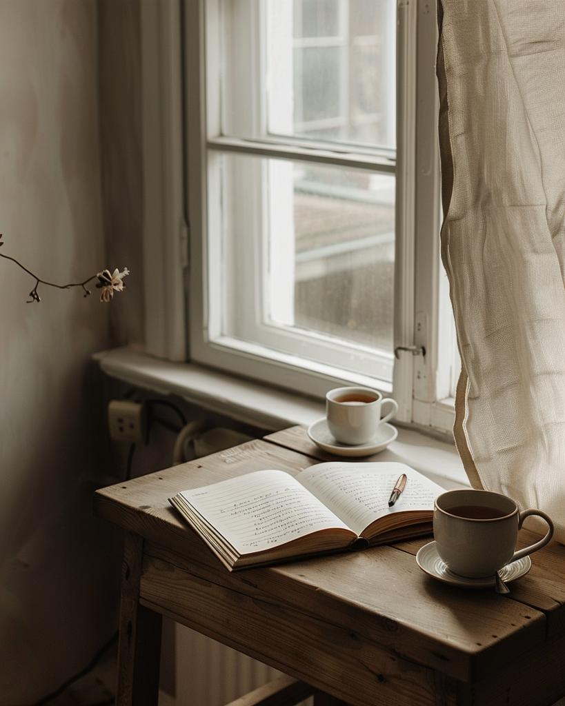 a small warm minimalist writing desk near a window, a journal open with a fountain pen resting on the page, a cup of tea nearby, soft natural light, linen curtain, neutral wood tones, sense of unhurried creativity and stillness