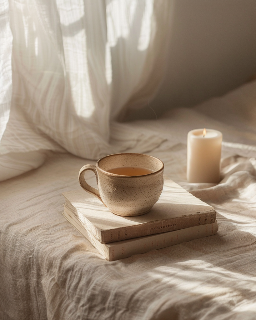 still life photography of warm minimalist objects on a linen tablecloth, a ceramic teacup, a small stack of well-worn books, a beeswax candle, soft window light casting gentle shadows, muted terracotta and cream palette, calm and tactile mood