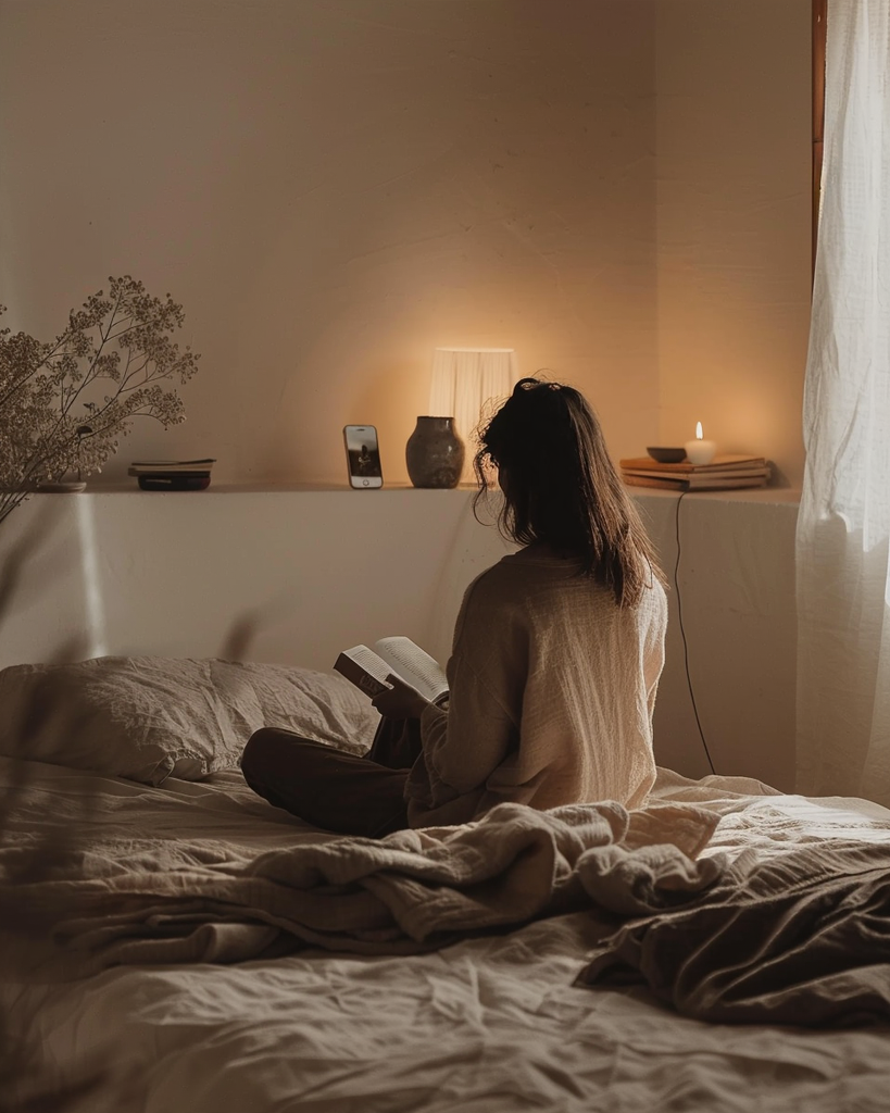 warm minimalist bedroom in early evening light, a person sitting cross-legged on a low bed reading by a small ceramic lamp, phone resting untouched on a distant shelf, warm amber lighting, linen bedding in earth tones, peaceful unhurried atmosphere