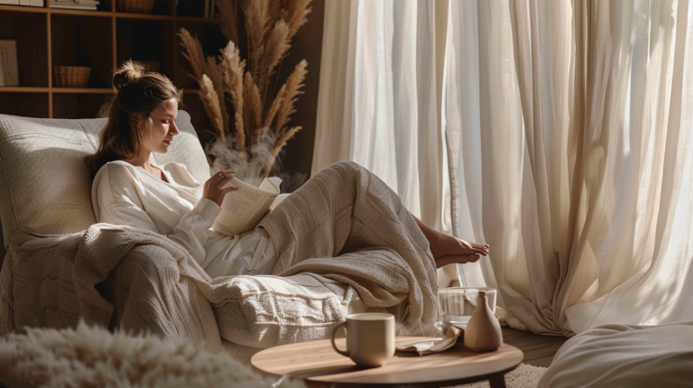 warm minimalist living room bathed in soft morning light, linen curtains gently billowing, a woman reading quietly in an oversized bouclé armchair, steam rising from a ceramic mug on a low wooden side table, neutral earthy color palette, natural textures, calm unhurried atmosphere, editorial interior photography style, soft depth of field